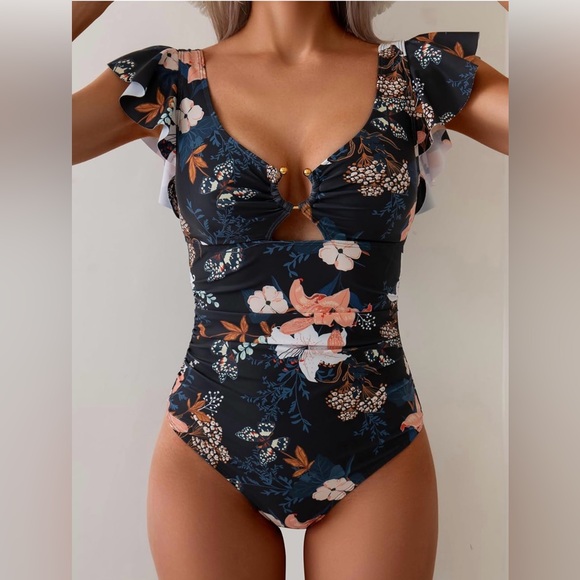 Eomenie Women's One Piece Swimsuit Tummy Control Bathing Suit Cutout Ruffle - Picture 3 of 8